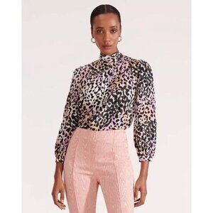 Veronica Beard Woman's Sz 2 Lety Leopard Animal Print Watercolor Silk Blouse